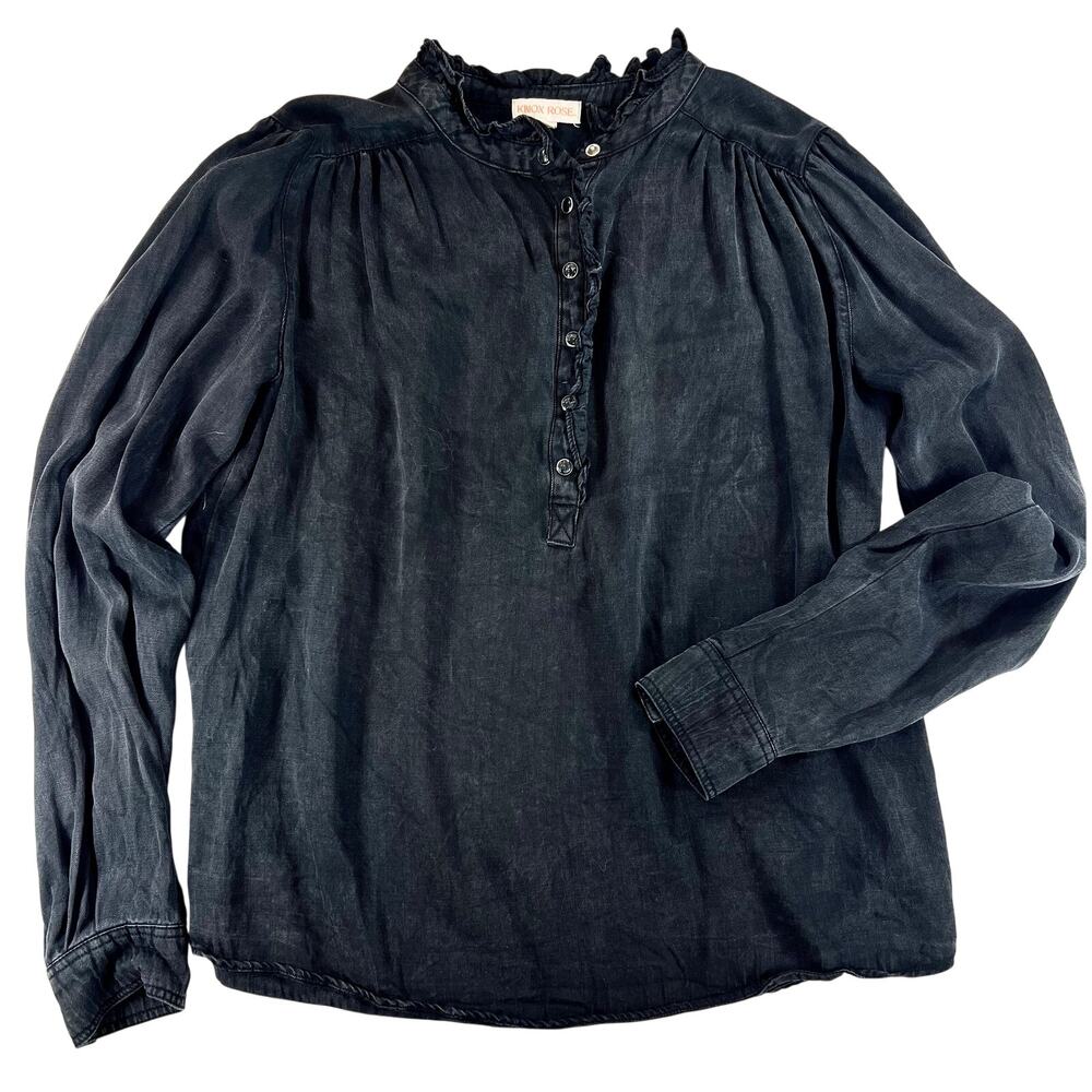 Knox Rose Black Ruffle Collar Henley Blouse Long Sleeve - Size Med
